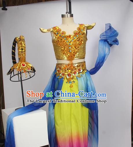China Girl Performance Clothing Classical Dance Garment Costumes Fairy Dance Dress Children Flying Apsaras Yellow Outfits