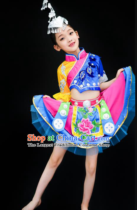 Chinese Miao Minority Children Dance Clothing Ethnic Girl Dance Costumes Xiangxi Hnong Nationality Stage Performance Dress Outfits
