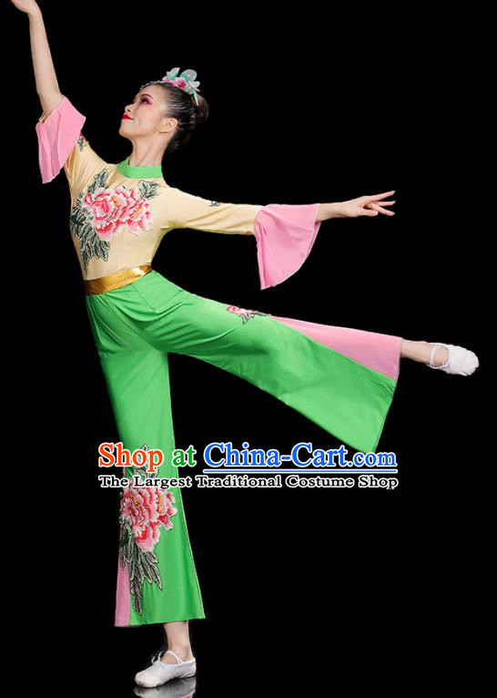 Professional China Fan Dance Clothing Folk Dance Printing Peony Green Outfits Women Group Dance Costumes Yangko Dance Garments