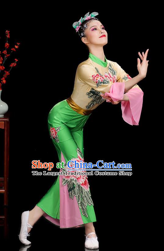 Professional China Fan Dance Clothing Folk Dance Printing Peony Green Outfits Women Group Dance Costumes Yangko Dance Garments