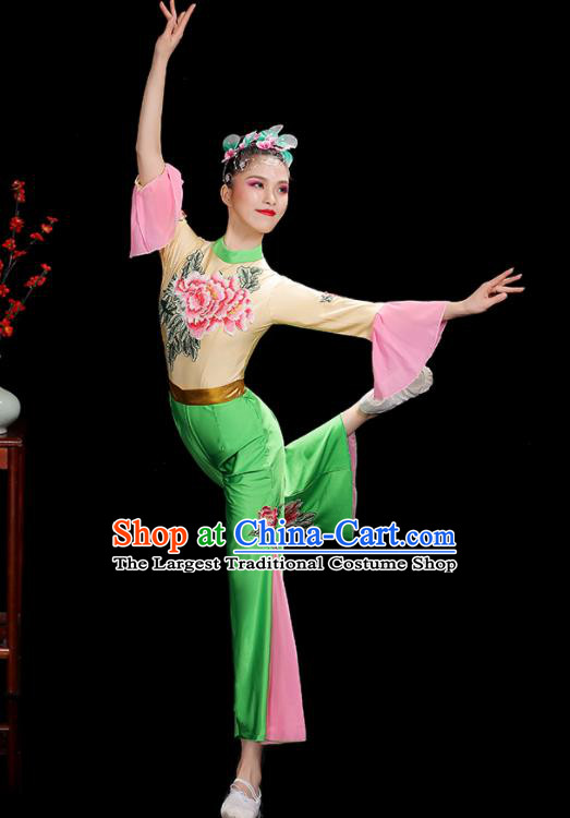 Professional China Fan Dance Clothing Folk Dance Printing Peony Green Outfits Women Group Dance Costumes Yangko Dance Garments