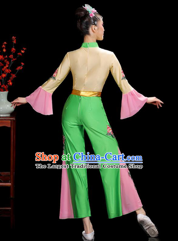 Professional China Fan Dance Clothing Folk Dance Printing Peony Green Outfits Women Group Dance Costumes Yangko Dance Garments