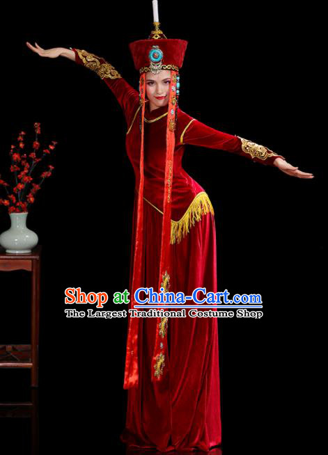 Chinese Ethnic Folk Dance Costumes Mongolian Nationality Stage Performance Red Velvet Dress Outfits Mongol Minority Woman Dance Clothing