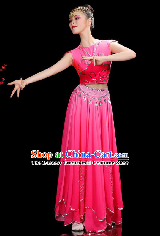 Chinese Uyghur Minority Dance Clothing Xinjiang Ethnic Female Dance Costumes Uighur Nationality Stage Performance Pink Dress Outfits