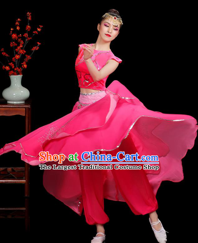 Chinese Uyghur Minority Dance Clothing Xinjiang Ethnic Female Dance Costumes Uighur Nationality Stage Performance Pink Dress Outfits