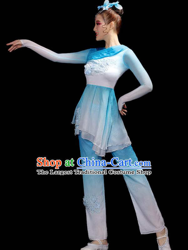Chinese Folk Dance Costumes Traditional Yangko Dance Apparels Women Group Performance Clothing Fan Dance Blue Dress Outfits