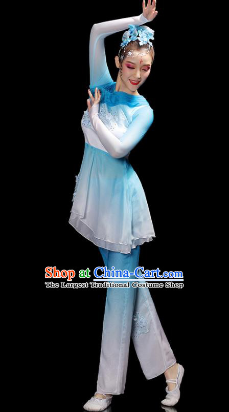Chinese Folk Dance Costumes Traditional Yangko Dance Apparels Women Group Performance Clothing Fan Dance Blue Dress Outfits