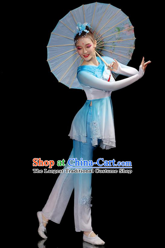 Chinese Folk Dance Costumes Traditional Yangko Dance Apparels Women Group Performance Clothing Fan Dance Blue Dress Outfits