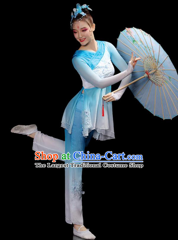 Chinese Folk Dance Costumes Traditional Yangko Dance Apparels Women Group Performance Clothing Fan Dance Blue Dress Outfits