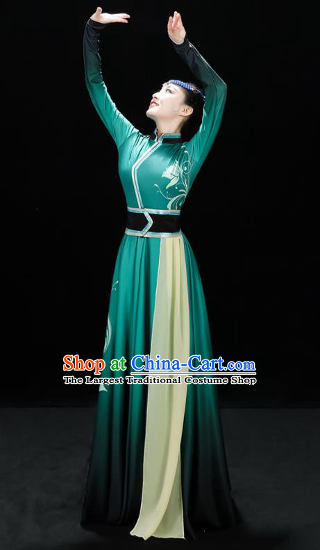 Chinese Mongol Nationality Dance Green Dress Outfits Mongolian Minority Folk Dance Clothing Ethnic Festival Performance Costumes