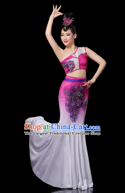 Chinese Tai Nationality Stage Performance Rosy Dress Outfits Dai Minority Peacock Dance Clothing Yunnan Ethnic Female Dance Costumes