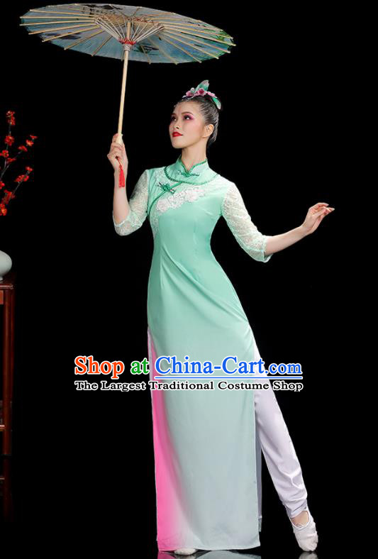China Jasmine Flower Dance Outfits Woman Performance Clothing Classical Dance Garment Costumes Umbrella Dance Green Qipao Dress