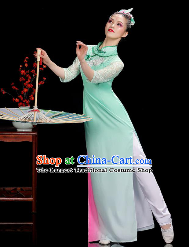 China Jasmine Flower Dance Outfits Woman Performance Clothing Classical Dance Garment Costumes Umbrella Dance Green Qipao Dress