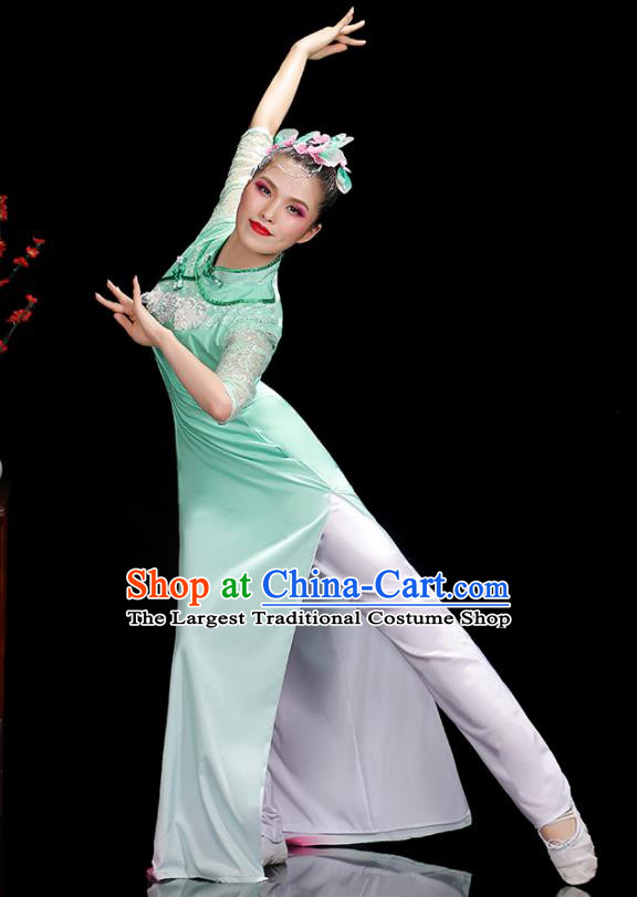 China Jasmine Flower Dance Outfits Woman Performance Clothing Classical Dance Garment Costumes Umbrella Dance Green Qipao Dress