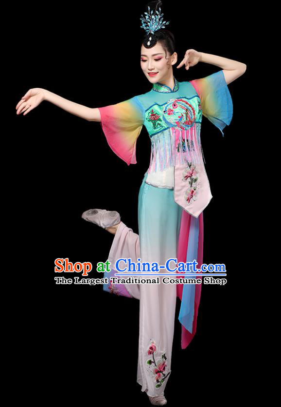 Chinese Folk Dance Clothing Traditional Fan Dance Blue Outfits Waist Drum Dance Costumes Yangko Performance Apparels