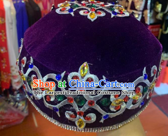 China Uighur Nationality Folk Dance Headwear Uyghur Minority Dance Headdress Xinjiang Ethnic Performance Purple Hat