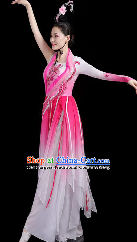 China Woman Dancewear Classical Dance Clothing Umbrella Dance Garment Costumes Fan Dance Rosy Dress Jasmine Flower Performance Outfits