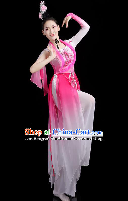 China Woman Dancewear Classical Dance Clothing Umbrella Dance Garment Costumes Fan Dance Rosy Dress Jasmine Flower Performance Outfits