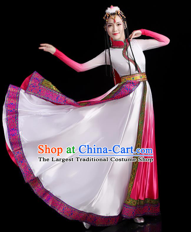 Chinese Xizang Ethnic Festival Costumes Zang Nationality Stage Performance Pink Dress Outfits Tibetan Minority Female Dance Clothing