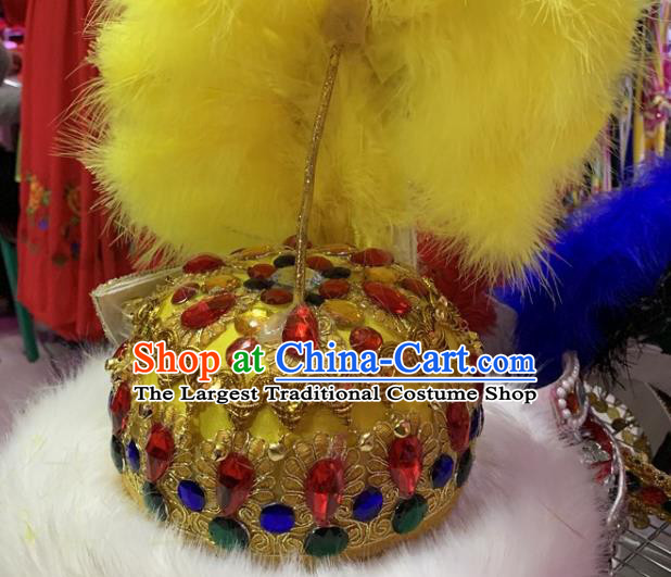 China Xinjiang Ethnic Performance Yellow Feather Hat Uighur Nationality Folk Dance Headwear Uyghur Minority Dance Headdress