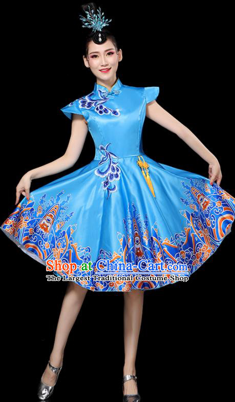Professional China Women Group Dance Costumes Chorus Performance Garments Modern Dance Clothing Opening Dance Blue Dress