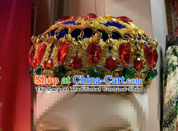 China Uyghur Minority Performance Headdress Xinjiang Ethnic Woman Folk Dance Royalblue Hat Uighur Nationality Dance Headwear