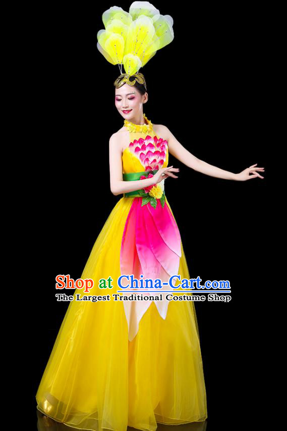 Professional China Modern Dance Clothing Spring Festival Gala Opening Dance Yellow Dress Women Peony Dance Costume Chorus Performance Garments