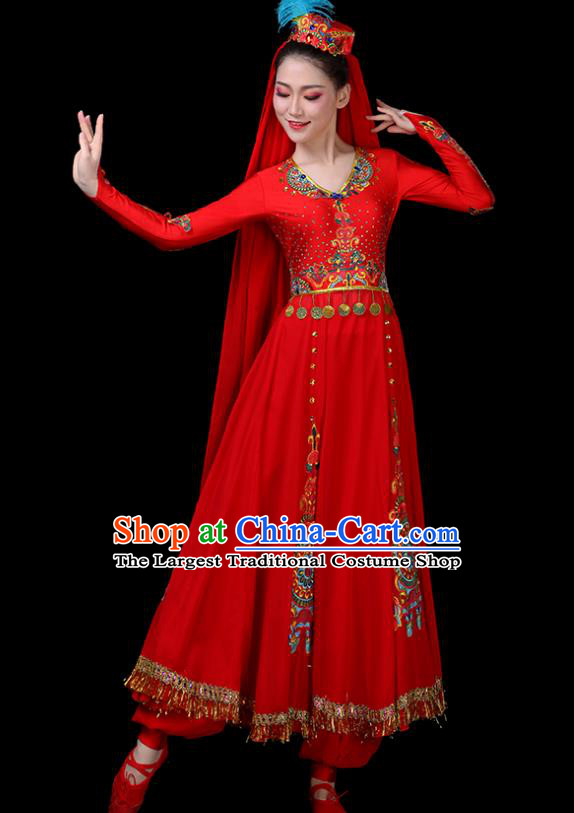 Chinese Uyghur Minority Folk Dance Clothing Xinjiang Ethnic Performance Costumes Uighur Nationality Female Dance Red Dress Outfits