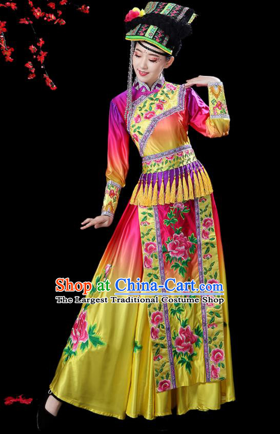 Chinese Yi Nationality Female Dance Dress Outfits Sichuan Minority Folk Dance Clothing Ethnic Torch Festival Performance Costumes