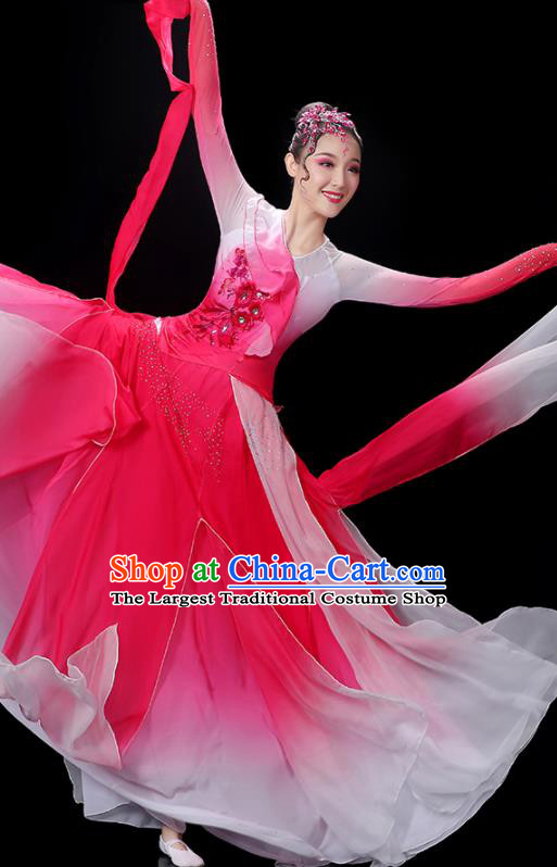China Palace Fan Dance Rosy Dress Outfits Woman Jasmine Flower Dancewear Classical Dance Clothing Umbrella Dance Garment Costumes