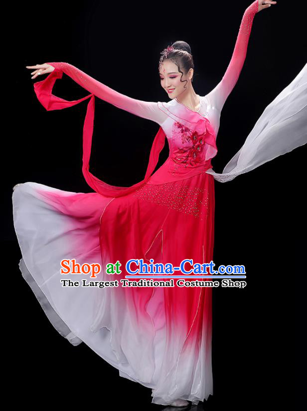 China Palace Fan Dance Rosy Dress Outfits Woman Jasmine Flower Dancewear Classical Dance Clothing Umbrella Dance Garment Costumes
