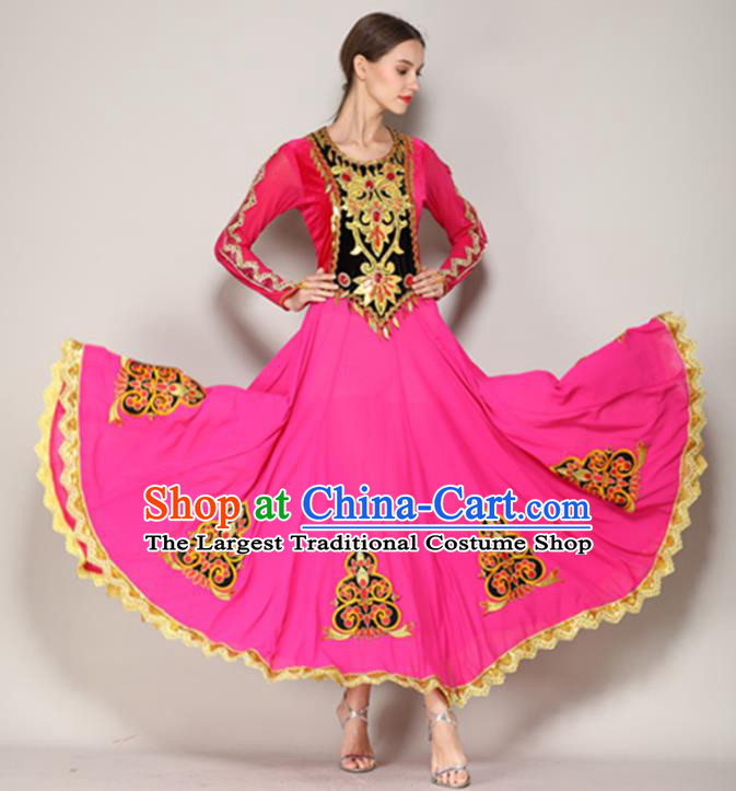 Chinese Xinjiang Ethnic Performance Clothing Uighur Nationality Woman Dance Rosy Dress Uyghur Minority Dancewear