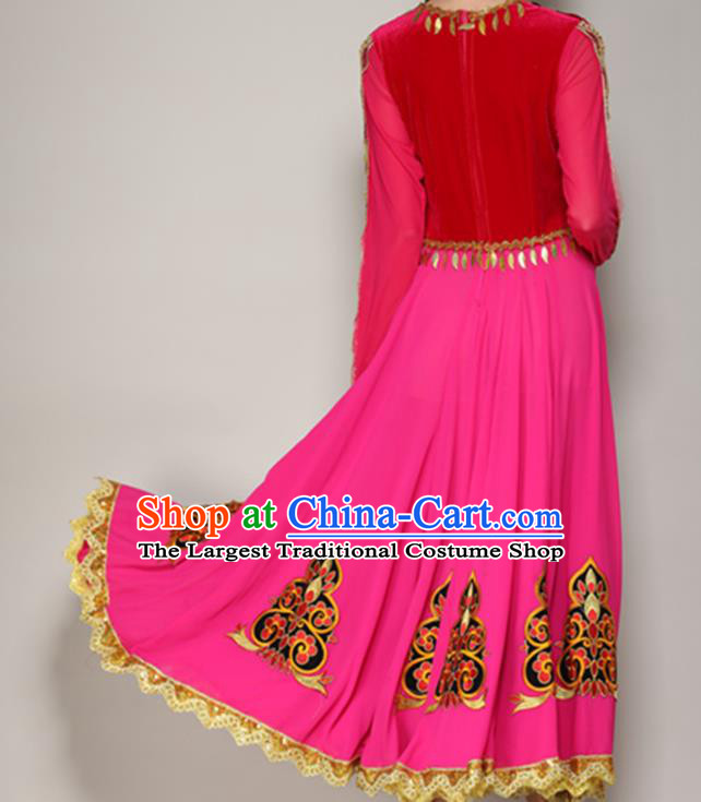 Chinese Xinjiang Ethnic Performance Clothing Uighur Nationality Woman Dance Rosy Dress Uyghur Minority Dancewear