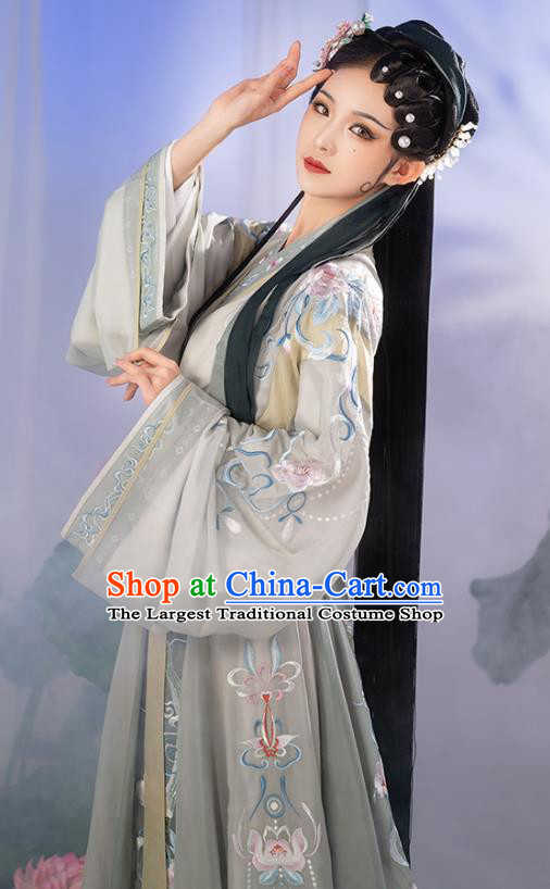 China Jin Dynasty Palace Beauty Historical Clothing Ancient Royal Princess Garment Costumes Traditional Grey Hanfu Dress