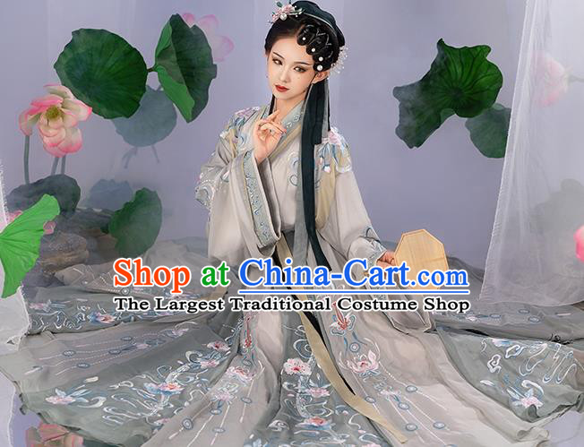 China Jin Dynasty Palace Beauty Historical Clothing Ancient Royal Princess Garment Costumes Traditional Grey Hanfu Dress
