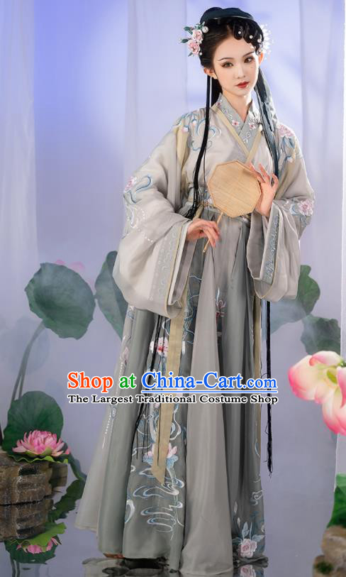 China Jin Dynasty Palace Beauty Historical Clothing Ancient Royal Princess Garment Costumes Traditional Grey Hanfu Dress