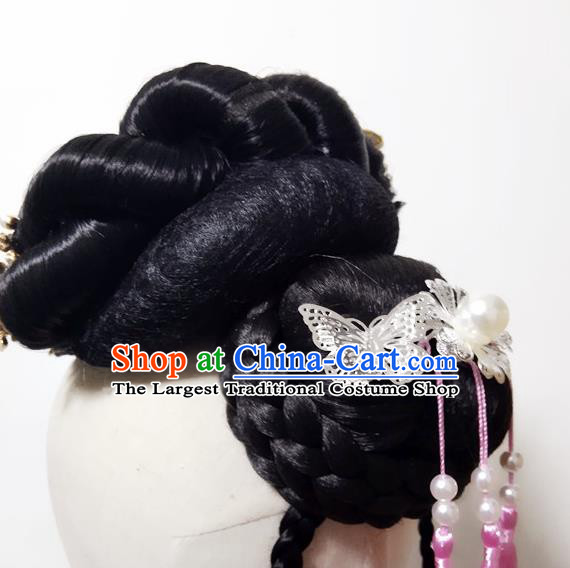 Chinese Classical Dance Hair Accessories Women Butterfly Dance Headdress Stage Performance Hairpieces Traditional Umbrella Dance Wigs Chignon