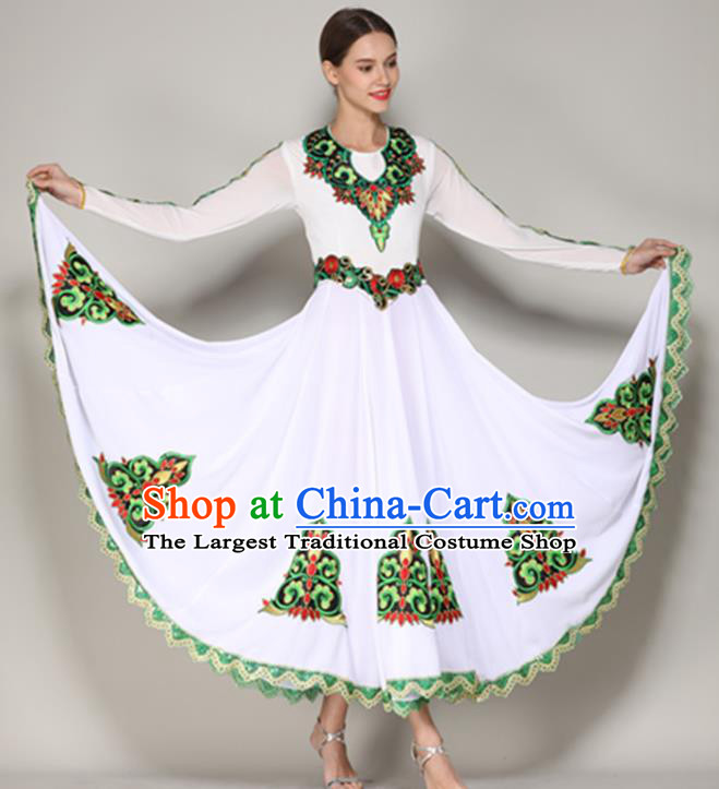 Chinese Uighur Nationality Folk Dance White Dress Xinjiang Minority Woman Dancewear Uyghur Ethnic Performance Clothing