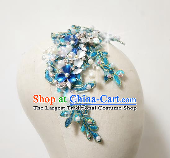China Yangko Dance Hair Accessories Fan Dance Headpiece Women Yangge Hairpin Folk Dance Blue Flowers Hair Comb
