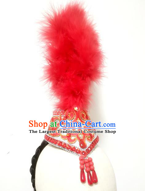 China Folk Dance Red Feather Hat Xinjiang Ethnic Dance Hair Crown Kazak Nationality Dance Hair Accessories