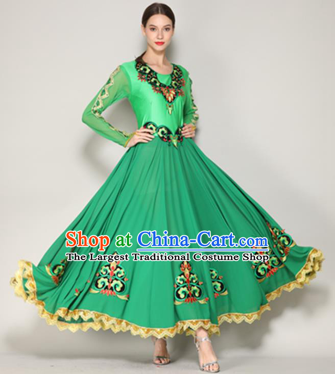Chinese Uyghur Ethnic Performance Clothing Uighur Nationality Folk Dance Green Dress Xinjiang Minority Woman Dancewear