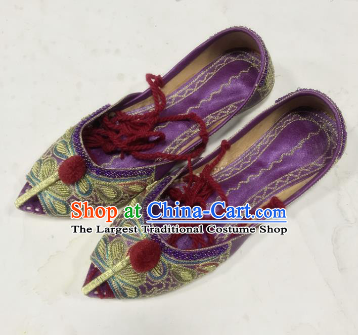 Handmade Asian Nepal Shoes India Female Purple Leather Shoes Indian Folk Dance Shoes Embroidery Shoes