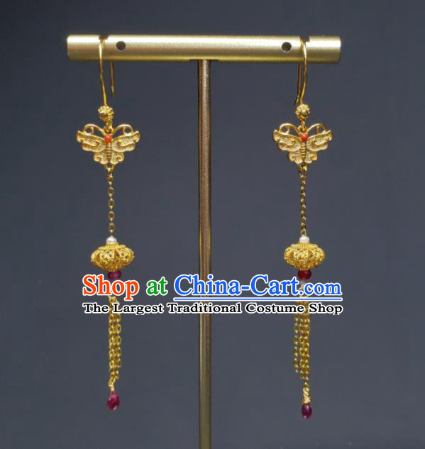 Handmade Chinese National Earrings Cheongsam Ear Jewelry Qing Dynasty Imperial Consort Eardrop Traditional Golden Lantern Ear Accessories