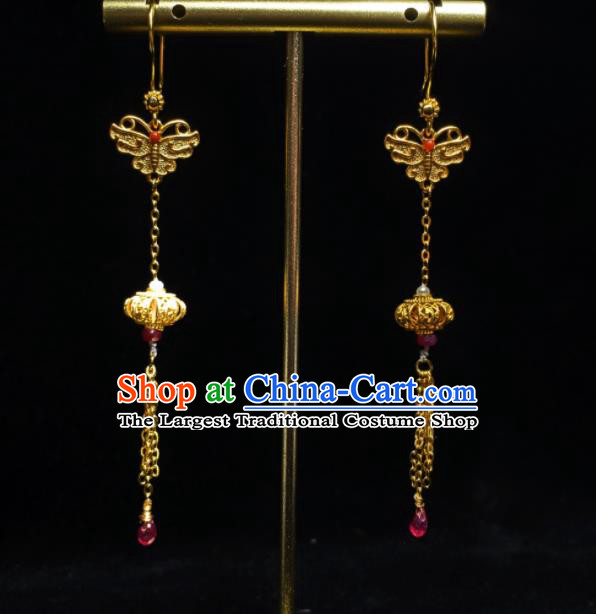 Handmade Chinese National Earrings Cheongsam Ear Jewelry Qing Dynasty Imperial Consort Eardrop Traditional Golden Lantern Ear Accessories