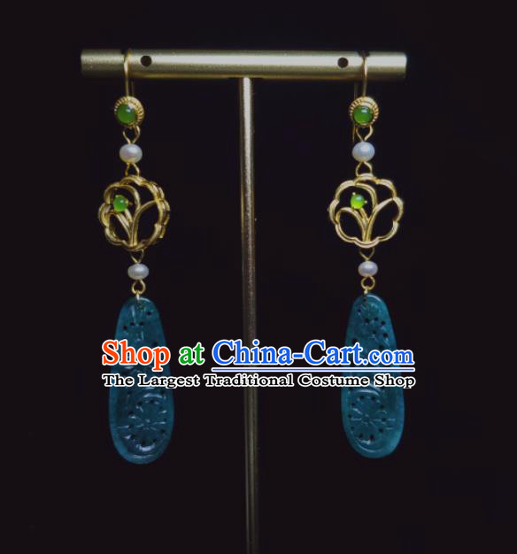 Handmade Chinese Traditional Ear Accessories National Jadeite Earrings Cheongsam Ear Jewelry Qing Dynasty Golden Orchid Eardrop