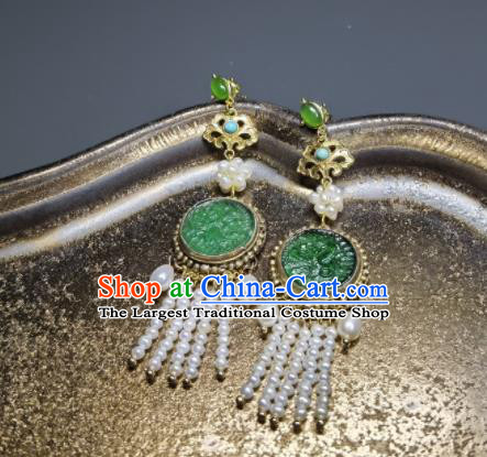 Handmade Chinese Qing Dynasty Pearls Tassel Eardrop Traditional Ear Accessories National Jadeite Earrings Cheongsam Ear Jewelry