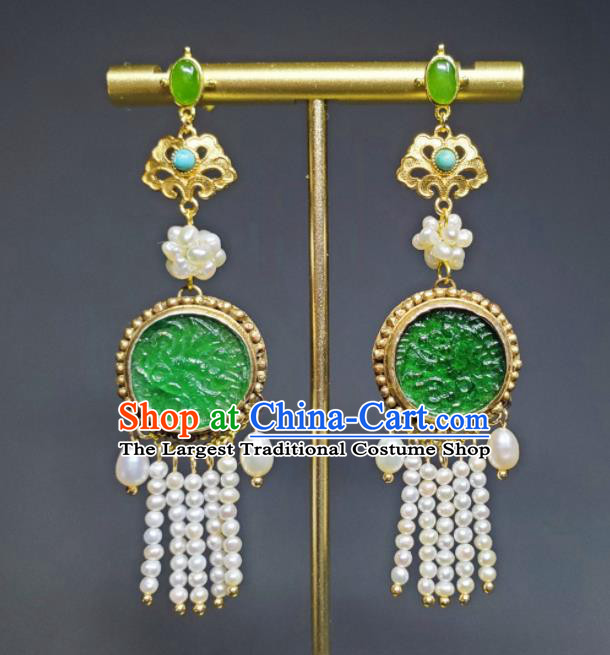 Handmade Chinese Qing Dynasty Pearls Tassel Eardrop Traditional Ear Accessories National Jadeite Earrings Cheongsam Ear Jewelry