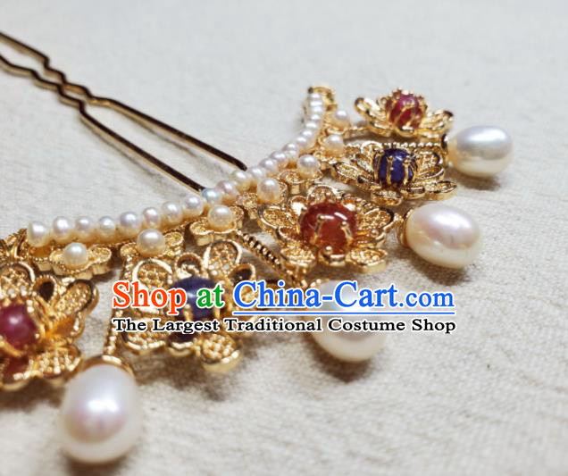 Chinese Handmade Tang Dynasty Queen Golden Plum Hair Stick Ancient Empress Gems Hairpin Traditional Hanfu Hair Accessories