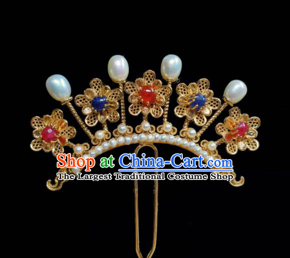 Chinese Handmade Tang Dynasty Queen Golden Plum Hair Stick Ancient Empress Gems Hairpin Traditional Hanfu Hair Accessories
