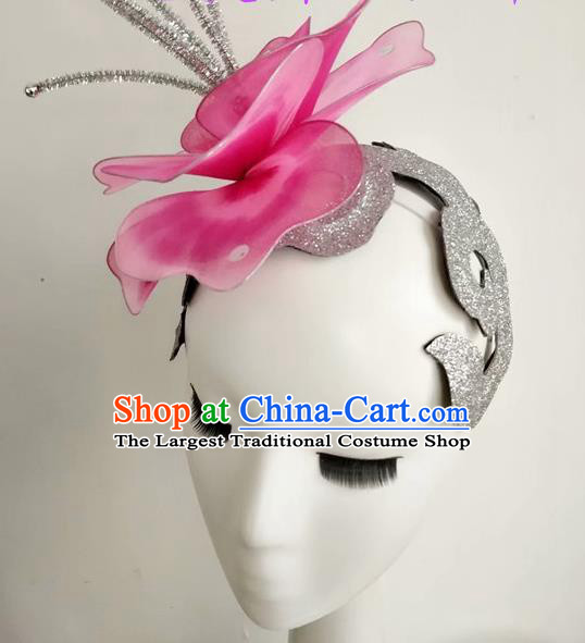 China Stage Performance Hair Accessories Modern Dance Headpiece Women Opening Dance Hair Crown Group Dance Pink Flower Hat